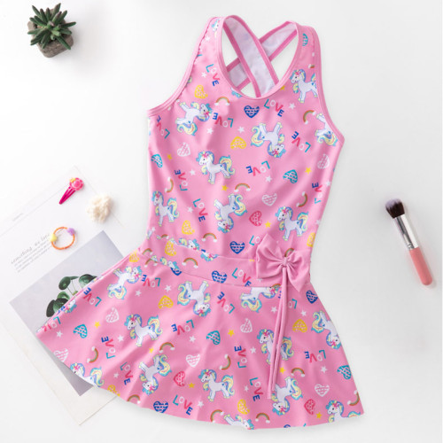 Kids Girls Pink Rainbow Unicorn Heart Printed Bathing Suits Bowknot Ruffle One-Piece Swimsuits