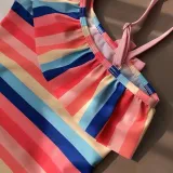Baby Girls Swimsuit Rainbow Stripe Single Shoulder Flounce One-Piece Bikini With Cap