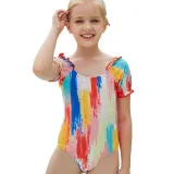 Toddler Girls Swimsuit Oil Paint Style Short Sleeves Ruffled One Piece Beachwear