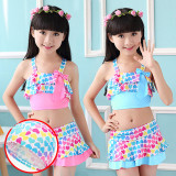 Kids Girls Heart Pattern Print Bathing Suits Ruffle Two-Pieces Swimsuits Beachwear with Cap