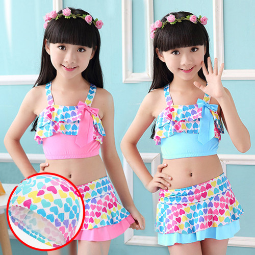 Kids Girls Heart Pattern Print Bathing Suits Ruffle Two-Pieces Swimsuits Beachwear with Cap