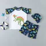 Kids Boy Swimsuit Short Sleeve Cartoon Dinosaur Beachwear Set With Cap