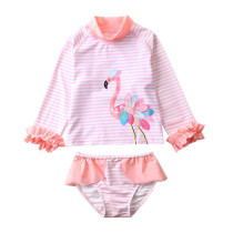 Baby Girls Flamingo Pattern Printed Swimsuits Stripe Ruffled Long Sleeve Beachwear