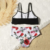 Toddler Girls Swimsuit Pure Color Ruffle Tops Flower Printing Panties Set