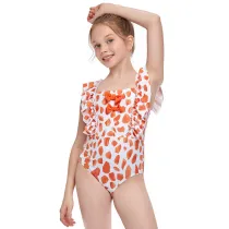 Girls Swimsuit Petal Printed Flounces Sleeve Bowknot One-Piece Bikini Set Beachwear