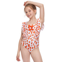 Girls Swimsuit Petal Printed Flounces Sleeve Bowknot One-Piece Bikini Set Beachwear