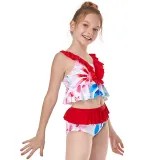 Girls Swimsuit Two-Pieces Ruffled Bikini Flower Printed Set Beachwear For Toddler Kids