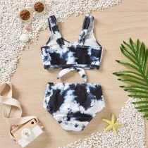 Toddler Girl Swimsuit Tie-Dye Laced Up Tankini Beachwear Set