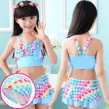 Kids Girls Heart Pattern Print Bathing Suits Ruffle Two-Pieces Swimsuits Beachwear with Cap