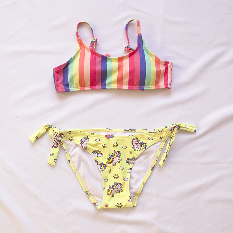 Toddler Girl Swimsuit Rainbow Stripe Unicorn Printing Bikini Beachwear Set