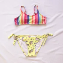 Toddler Girl Swimsuit Rainbow Stripe Unicorn Printing Bikini Beachwear Set