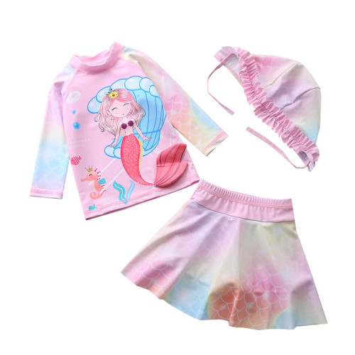 3PCS Baby Toddler Girl Colourful Long-Sleeves Cartoon Mermaid Swimsuit