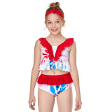 Girls Swimsuit Two-Pieces Ruffled Bikini Flower Printed Set Beachwear For Toddler Kids