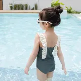 Baby Girls Swimsuit Bowknot Flounce Shoulder One-Piece Bikini With Cap