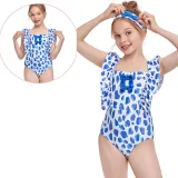 Girls Swimsuit Petal Printed Flounces Sleeve Bowknot One-Piece Bikini Set Beachwear