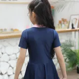 Kids Girls Swimsuits One Piece Skirt Pink Short Sleeve Bathing Suit With Zipper