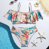 Toddler Girls Swimsuit Sleeveless Off-the-shoulder Flower Printing Ruffled Beachwear Set