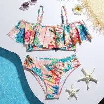 Toddler Girls Swimsuit Sleeveless Off-the-shoulder Flower Printing Ruffled Beachwear Set
