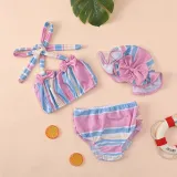 3PCS Toddler Girl Swimsuit Stripe Dot Bowknot Ruffled Beachwear