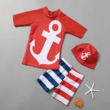 Toddler Boy Swimsuit Anchor Fish Printing Short Sandbeach Set With Cap