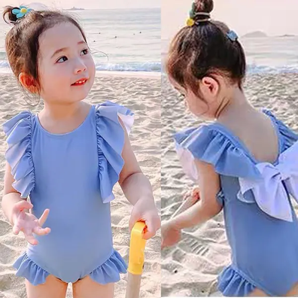Children Girls Swimsuit Big Bowknot Flounce Sleeve One-Piece Bikini With Cap