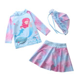 3PCS Baby Toddler Girl Cartoon Mermaid Swimsuit Long-Sleeves Skirts Set