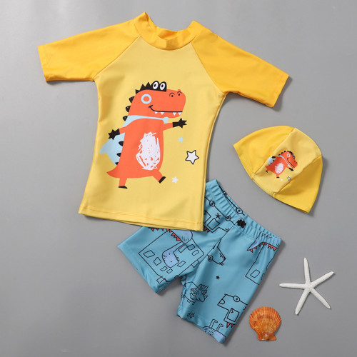 Toddler Boy Swimsuit Cartoon Dinosaur Printing Short Set With Cap