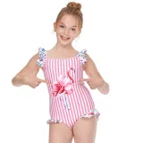 Girls Swimsuit Flamingo Stripe One-Piece Bikini Set Beachwear For Toddler Kids