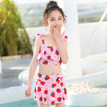 Kids Girls Pink Strawberry Dot Printed Swimsuits Bowknot Ruffle Two-Pieces