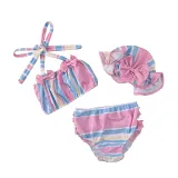 3PCS Toddler Girl Swimsuit Stripe Dot Bowknot Ruffled Beachwear