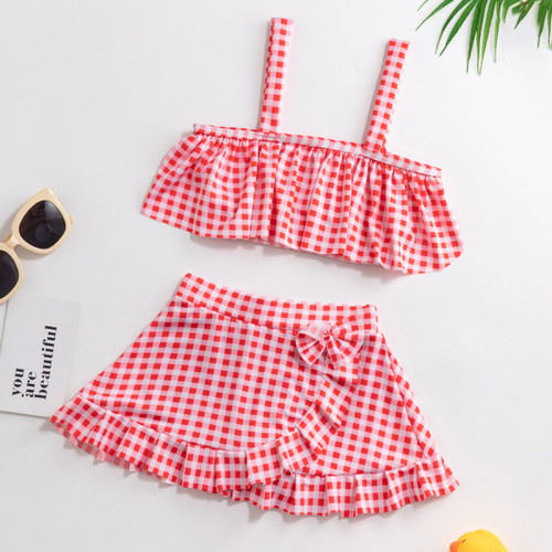 Kids Girls Red Plaids Bathing Suits Bowknot Ruffle Skirts Two-pieces Swimsuits Beachwear