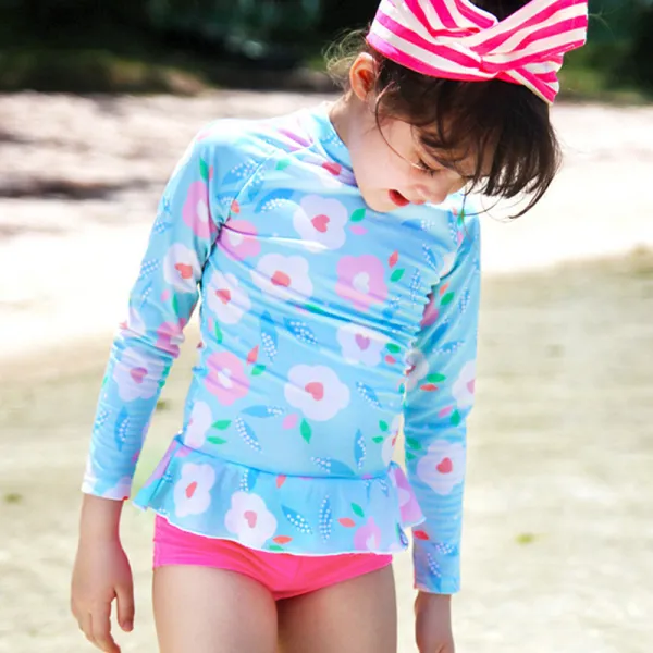 Children Girls Flower Printed Long Sleeve Two-Pieces Swimsuit UV Protective Beachwear