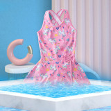 Kids Girls Pink Rainbow Unicorn Heart Printed Bathing Suits Bowknot Ruffle One-Piece Swimsuits