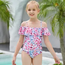 Toddler Girls Swimsuit Petal Printing Ruffle Off-the-shoulder One Piece