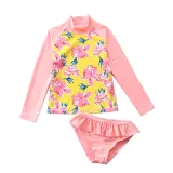 Baby Girls Flower Pattern Printed Swimsuits Ruffled Long Sleeve Beachwear