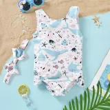 Baby Girls Swimsuit Cartoon Ocean Shark Printing Ruffled Swimwear with Bowknot Hairband