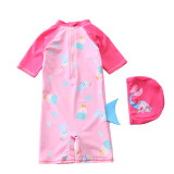 Baby Toddler Girl Pink Cartoon Mermaid Swimsuit Beachwear With Swimming Cap