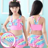 Kids Girls Heart Pattern Print Bathing Suits Ruffle Two-Pieces Swimsuits Beachwear with Cap