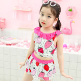 Baby Girls Swimsuit Cute Strawberry Printed Petals Collar Edge Two-Pieces Bikini Beachwear