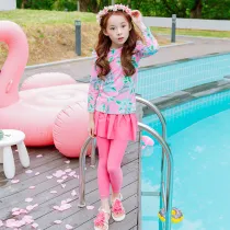 Children Girls Flower Printed Long Sleeve Swimsuit Swimwear Tankini UV Protective Beachwear