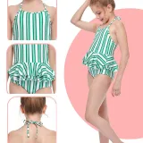 Girls One-Piece Vertical Stripe Swimsuit Ruffled Beachwear For Toddler Kids