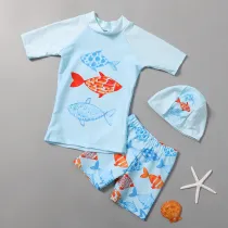 Toddler Boy Swimsuit Anchor Fish Printing Short Sandbeach Set With Cap