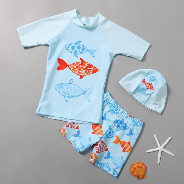 Toddler Boy Swimsuit Anchor Fish Printing Short Sandbeach Set With Cap