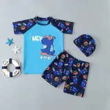 Kids Boy Swimsuit Short Sleeve Cartoon Dinosaur Beachwear Set With Cap