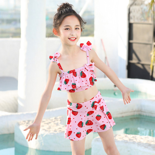 Kids Girls Pink Strawberry Dot Printed Swimsuits Bowknot Ruffle Two-Pieces