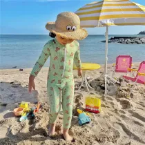 Toddler Girl Swimsuit Long Sleeve UV Protection Bear Plaids One-Piece Beachwear