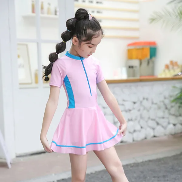 Kids Girls Swimsuits One Piece Skirt Pink Short Sleeve Bathing Suit With Zipper