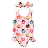 Baby Girls Swimsuit Cartoon Doughnut Printing Ruffled Swimwear with Bowknot Hairband