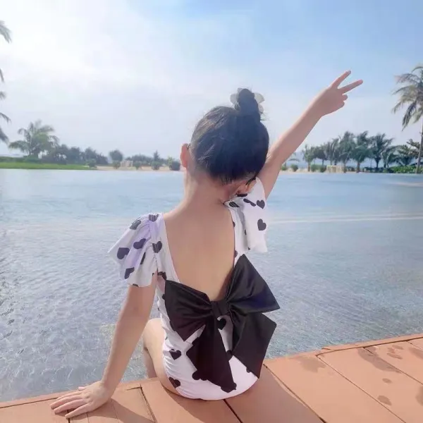 Baby Girls Swimsuit Heart Shape Bowknot Flounce One-Piece Bikini With Cap