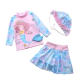 3PCS Baby Toddler Girl Cartoon Mermaid Swimsuit Long-Sleeves Skirts Set